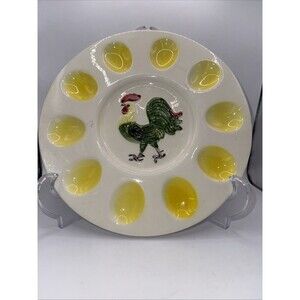 VINTAGE 10" ROUND CERAMIC 10 EGG DISH PLATE W EMBOSSED COLORFUL ROOSTER DEVILED